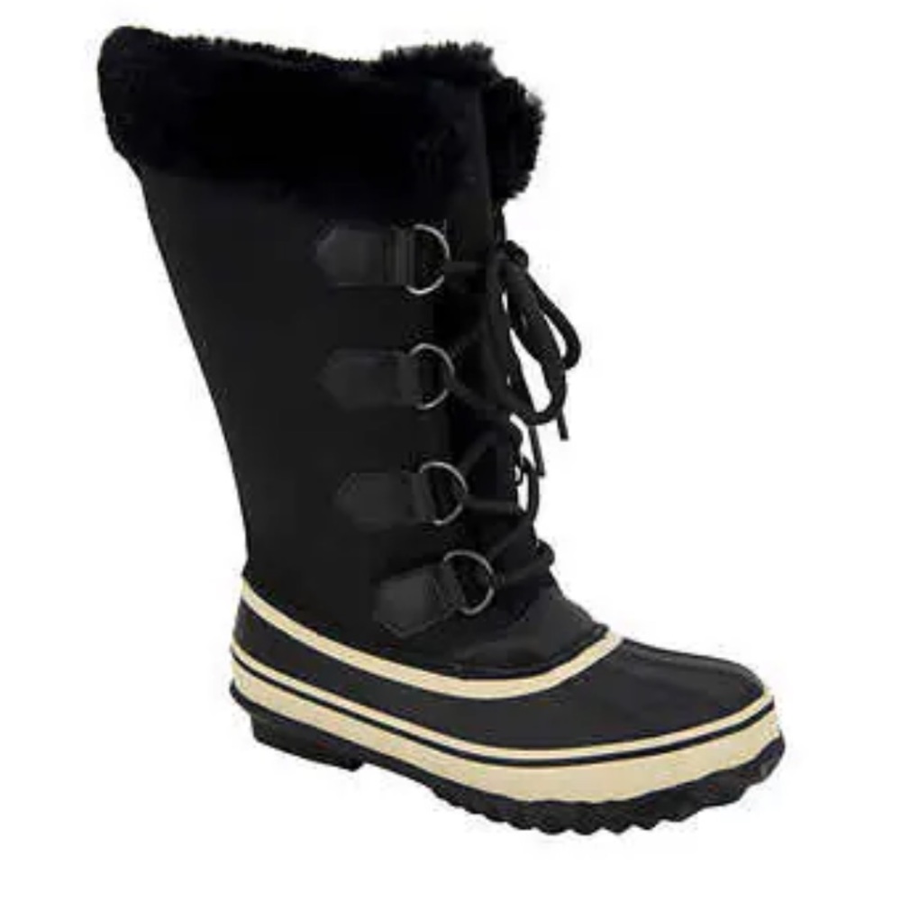 JBU Black Winter Lace-Up Faux Fur Rain Boot with Cream Trim size 7